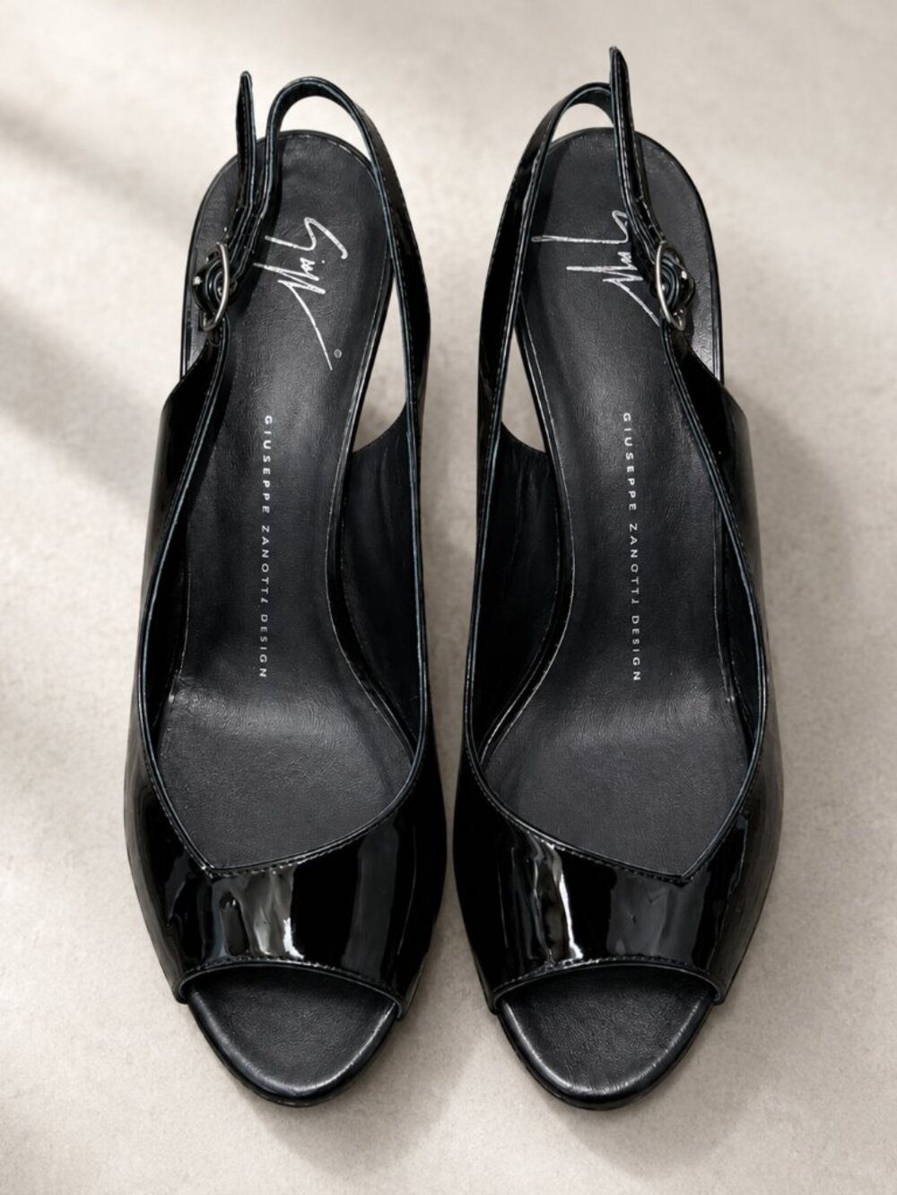 Giuseppe Zanotti Black Patent Leather Peep Toe Slingback Stiletto Heels  37.5
